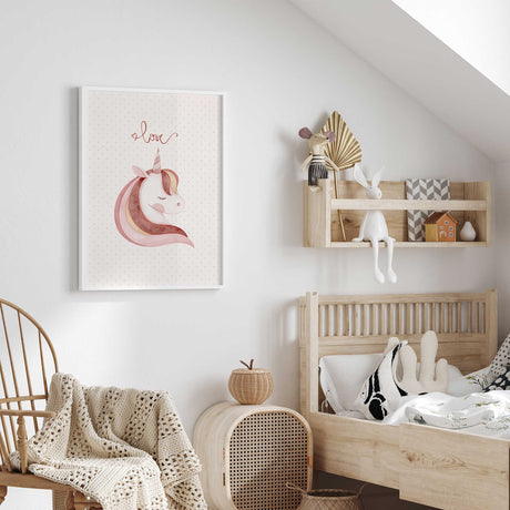 Blush pink unicorn print with flowing pink mane and handwritten love detail for a girls bedroom or kids room