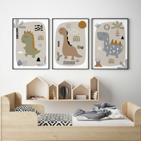 Boho dinosaur wall art trio with olive, tan and blue-grey characters, little rainbows and a smiling mustard sun.