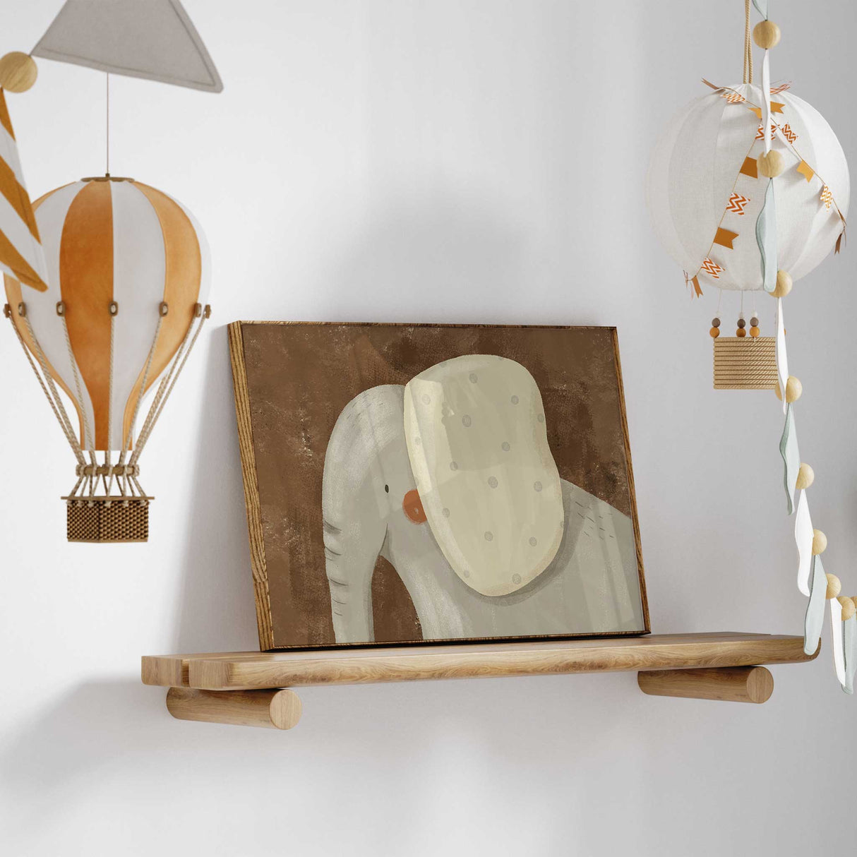 Boho elephant nursery decor print with warm brown background