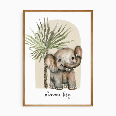 Elephant nursery print with dream big quote safari wall art for children