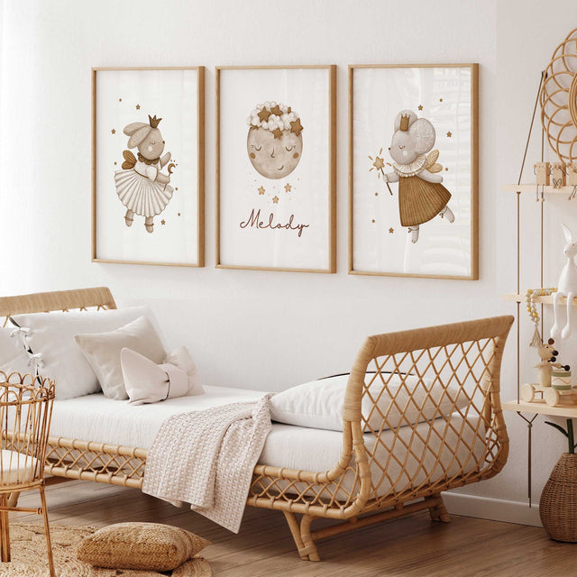 boho style fairy nursery artwork in warm earthy colours for girls bedroom