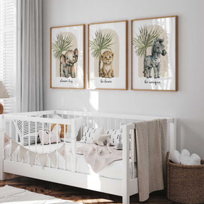 Safari boho nursery wall art set with elephant lion and zebra prints for kids room decor