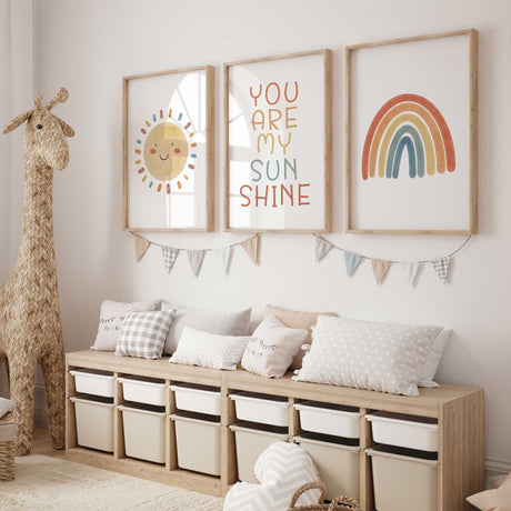 You Are My Sunshine nursery wall art trio in warm earthy tones, includes sun face, rainbow and motivational quote