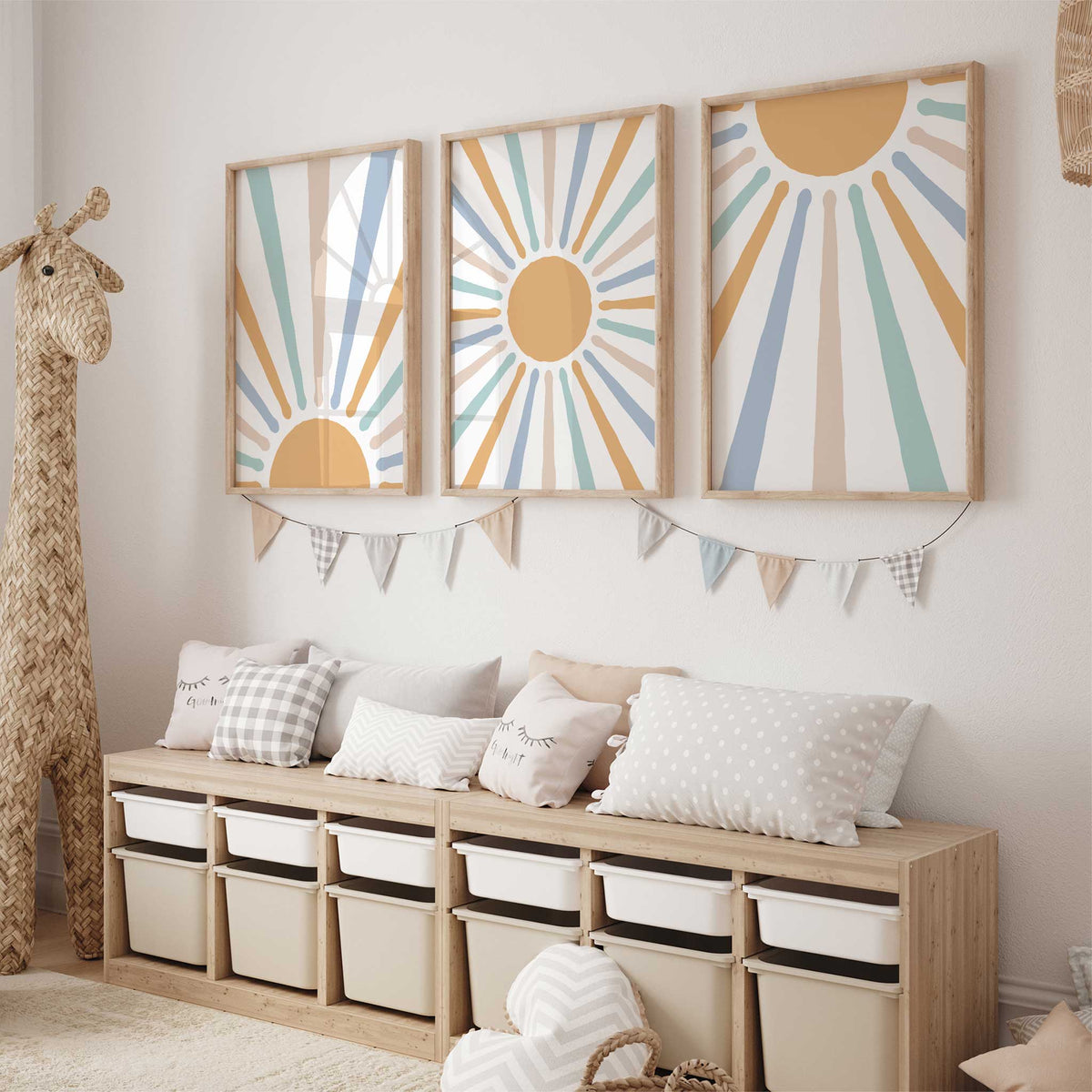 Three boho sun prints with mustard yellow suns and radiating blue, mint green and beige rays on white backgrounds.
