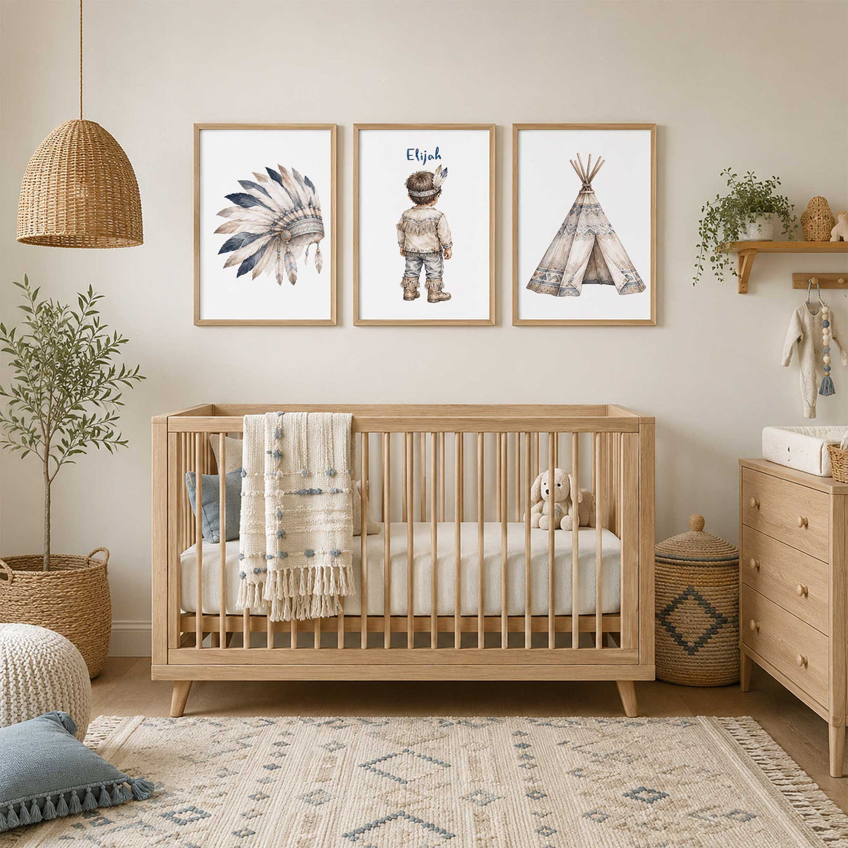 Boys tribal nursery wall art with matching watercolour headdress, personalised child and teepee prints.