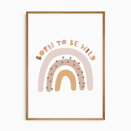 Born to Be Wild rainbow print with beige, tan and ochre arches, brown spots and curved lettering on a pale background.