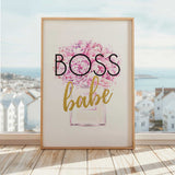 Pink perfume bottle illustration filled with peony flowers and prominent Boss Babe typography with gold-coloured detailing.