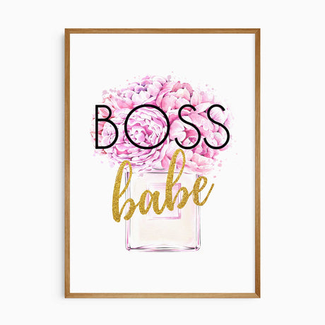 Boss Babe wall art featuring pink peonies in a perfume bottle with bold lettering and decorative gold glitter-effect accents.