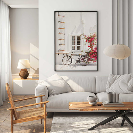 Bougainvillea bike photography print with sunlit white wall and window