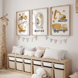 Soft watercolour construction prints for boys room decor, featuring digger, crane and cement mixer