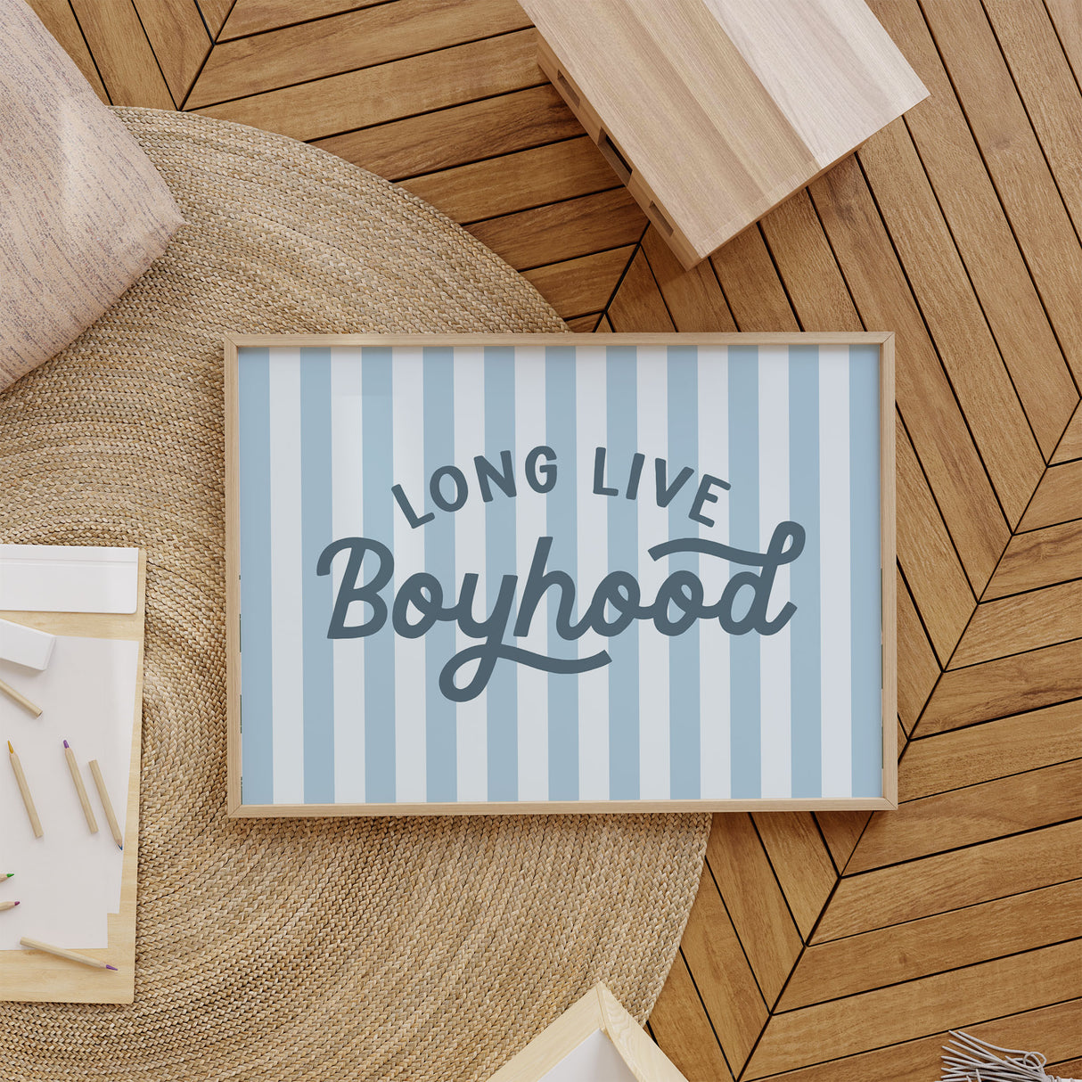 Blue striped quote wall art for a boy nursery or toddler bedroom