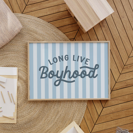 Blue striped quote wall art for a boy nursery or toddler bedroom