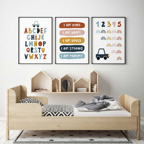Boys wall art set with alphabet, numbers and personalised affirmations in modern colours