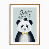 unframed artwork of a panda wearing a bow tie and hat with 'Sweet Dreams' text on a polka dot background.