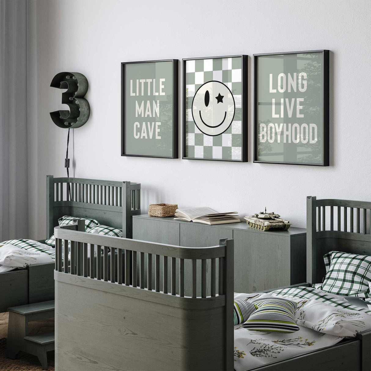 Quote wall art set for boys bedroom with modern smiley graphic design