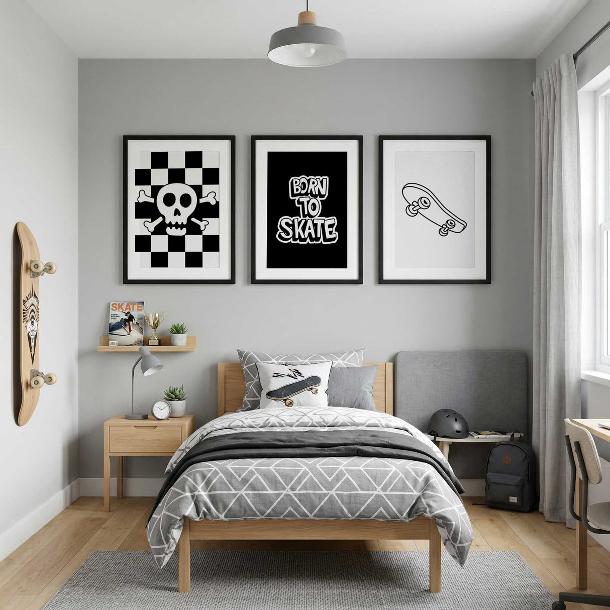 Skate-themed wall decor set for an older boys bedroom