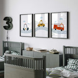 Three vehicle prints showing a police car, yellow taxi and red fire engine linked by a winding pale blue road.