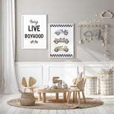 Long Live Boyhood quote and vintage car prints with blue, taupe and olive cars, charcoal checks and crossed racing flags.