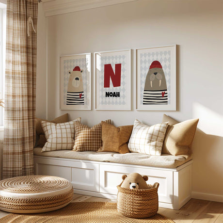 Personalised boys' nautical bedroom prints with bear, walrus, dressed as sailors and custom initial.