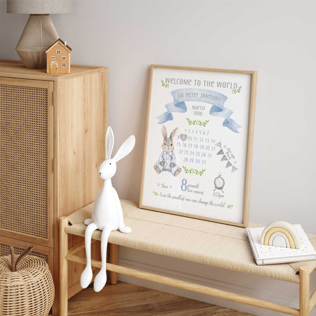 Personalised boys birth announcement print with blue banner, bunny illustration, calendar layout and custom baby details for nursery wall art.