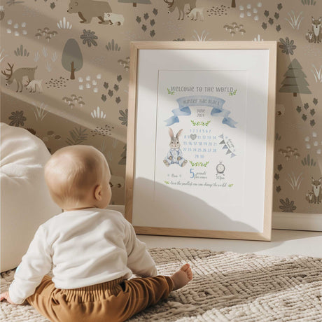 Blue calendar birth announcement print for boys with highlighted birth date, name banner and bunny illustration for nursery decor.