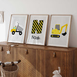 construction wall art set for boys bedroom featuring digger and dump truck