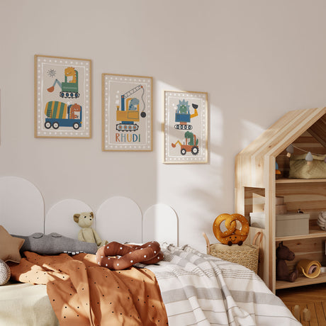 Boys construction dinosaur wall art set with digger, truck, crane and personalised name print