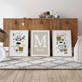 Boys construction nursery prints featuring diggers trucks and personalised name wall art in a set of three.
