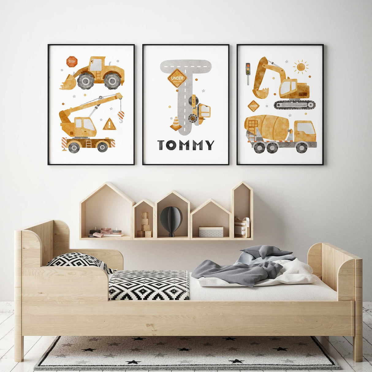 set of 3 construction prints personalised