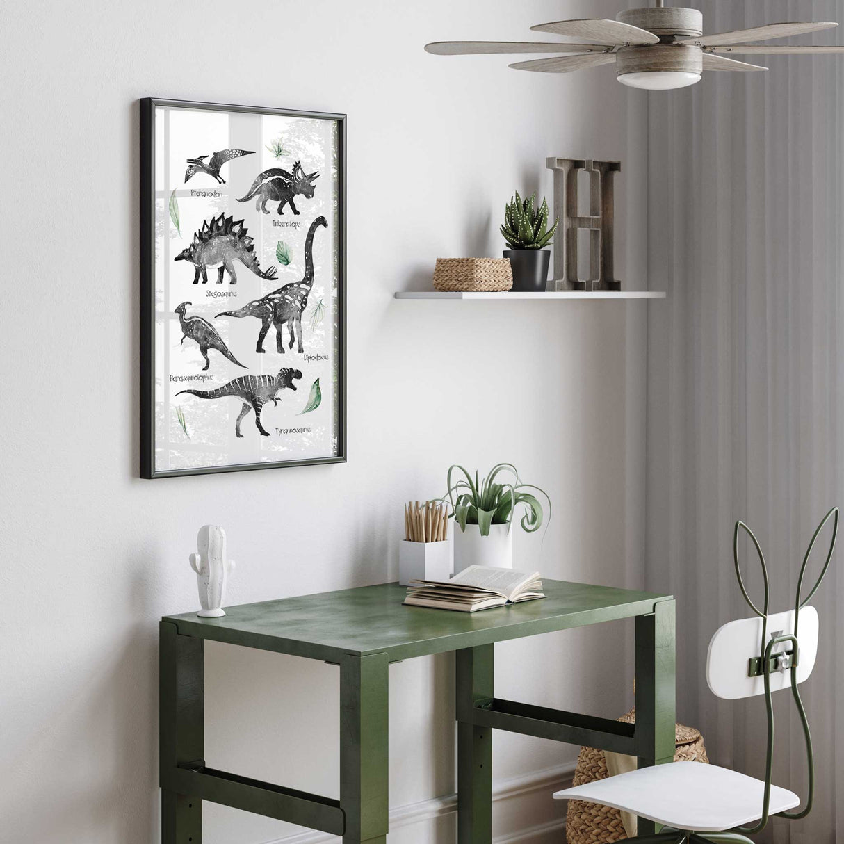 Boys dinosaur bedroom print featuring triceratops, stegosaurus, diplodocus and tyrannosaurus