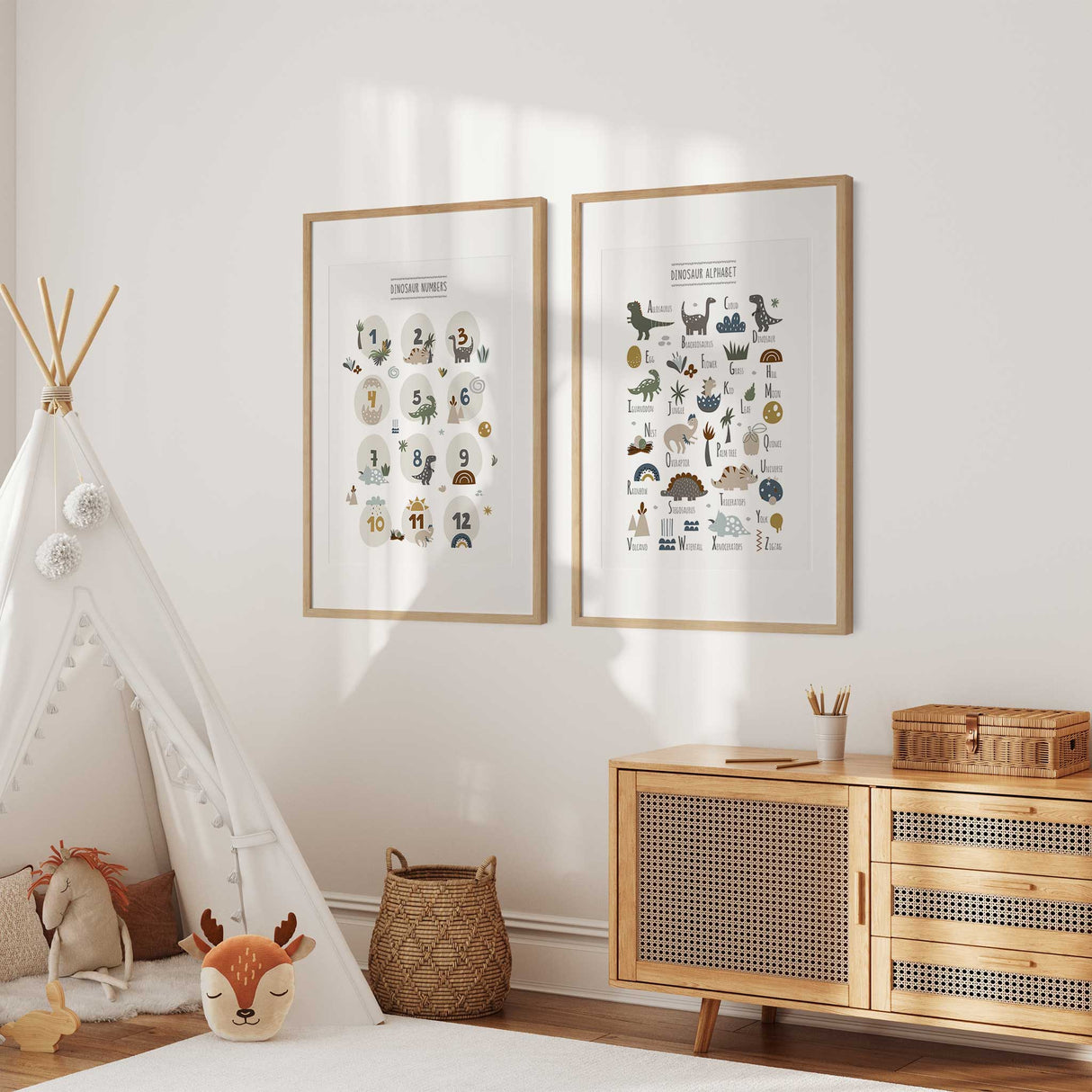 Boys dinosaur educational wall art featuring an alphabet poster and numbers print for a kids bedroom or playroom.