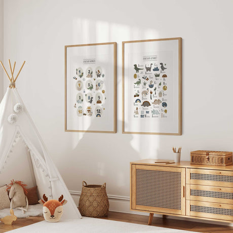 Boys dinosaur educational wall art featuring an alphabet poster and numbers print for a kids bedroom or playroom.