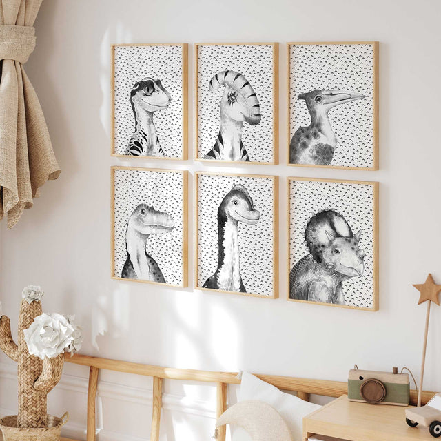 Black and white dinosaur wall art prints for kids bedroom or playroom gallery wall.
portrait style art set for boys room with Parasaurolophus, Triceratops, and more.
