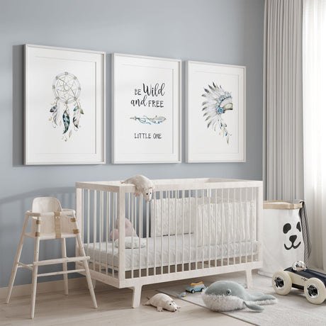 Boys Native American nursery wall art set with tribal feather and dreamcatcher prints