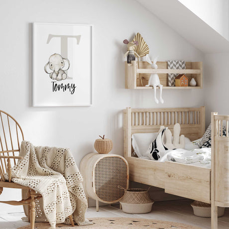 Boys nursery wall art with custom letter name and animal illustration