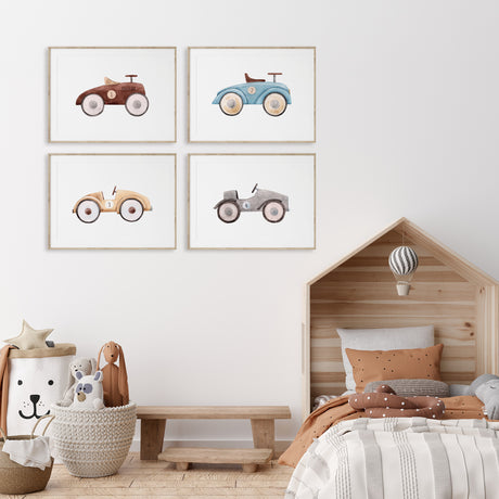 Set of race car prints in muted colours blue brown mustard and grey for boys nursery or playroom
