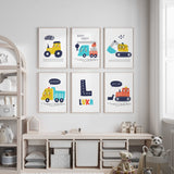 Boys nursery wall art gallery set with six construction themed prints including trucks bulldozer digger and optional name initial print for kids room décor.