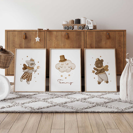 Boys nursery wall art personalised animal prints with neutral tones and cloud name print