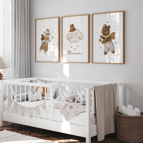 Personalised boys nursery wall art with neutral animal prints and cloud name design