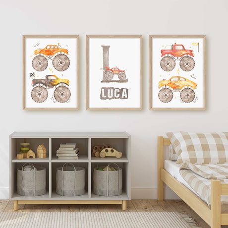 Vibrant personalized monster truck wall decor set with large tyre illustrations and flame designs, adding colour and excitement to a boys room.