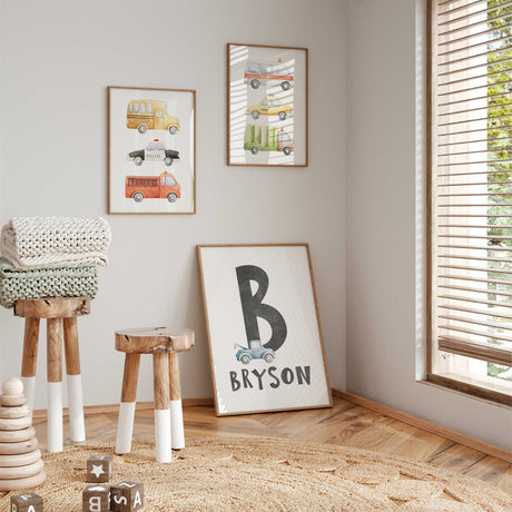 Playful watercolor vehicle bedroom prints, perfect for decorating a child's room.