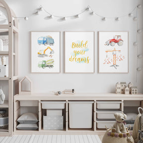 Boys playroom wall art set with construction trucks and inspirational quote