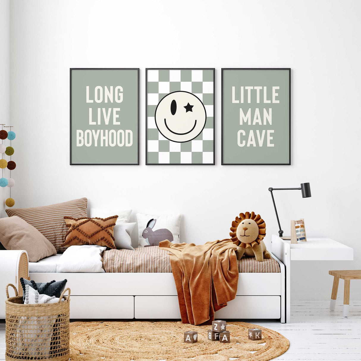 Modern boys playroom wall art set with long live boyhood and little man cave quotes