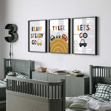 Set of 3 boys car prints with cars and retro text in mustard navy and rust tones for kids bedroom wall art.