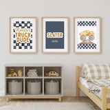 Monster truck print set with dirt ramp, flames, and racing vibe