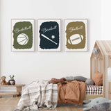 Baseball, basketball and soccer prints for boys room 