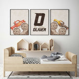 A set of boys truck-themed prints with a dirt track and racing elements, ideal for a toddler’s nursery, bedroom or playroom.