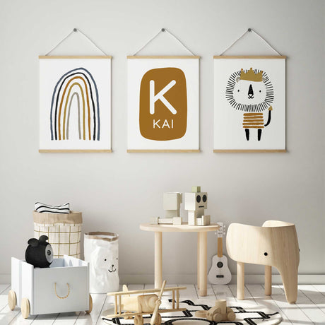 Set of three boys wall prints with lion, rainbow and custom name