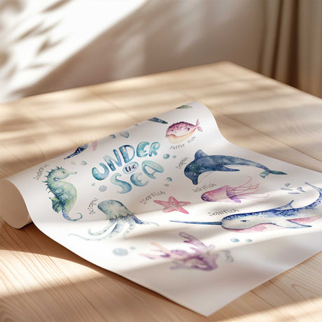 Boys sea creatures nursery print with whale, dolphin, turtle and ocean animals for baby room