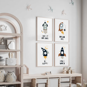 Set of 4 rocket themed nursery prints, perfect for inspiring space adventures in a child's room.